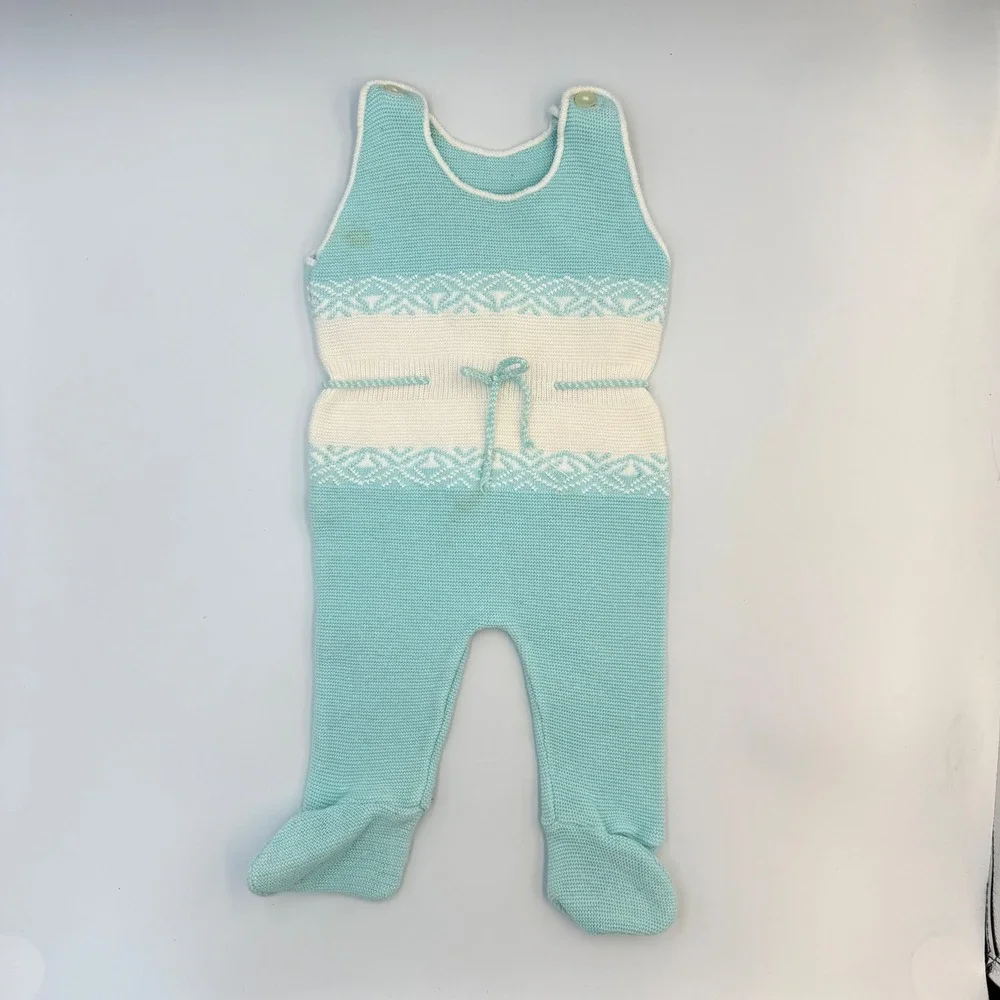 Vtg 70-80s Friedknit Creations Baby Romper 6–12M Turquoise Knit Footed One-Piece